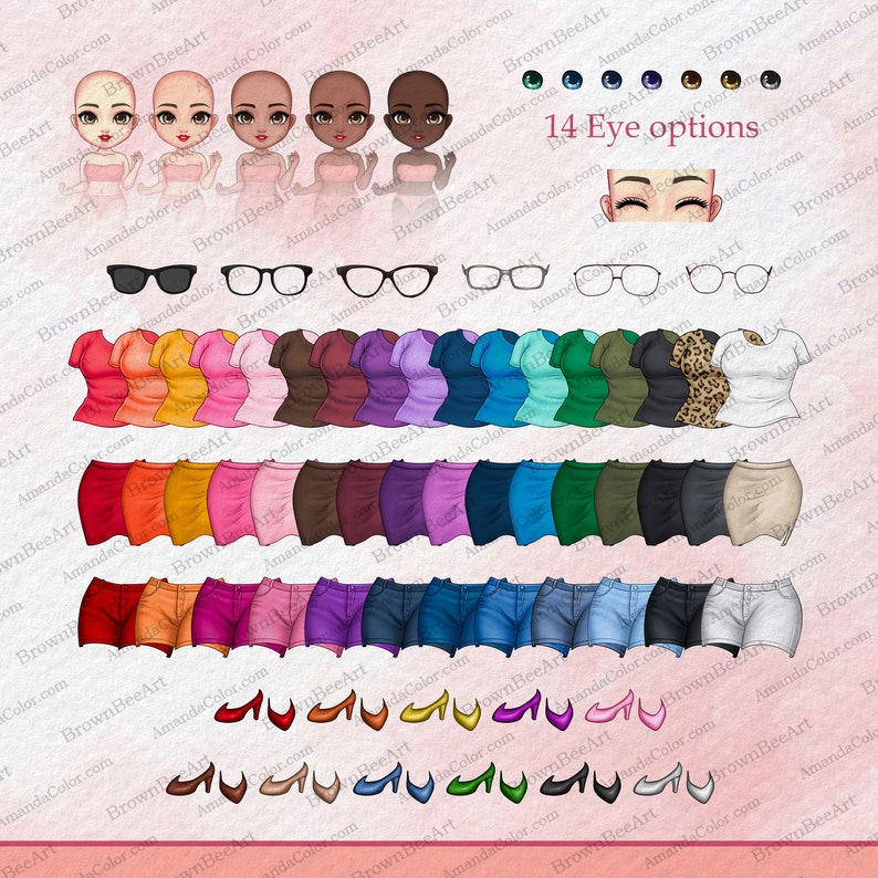 May include: A digital illustration of a customizable avatar with 14 eye options, a variety of tops, skirts, shorts, and shoes. The avatar is a young woman with brown hair and a pink background.