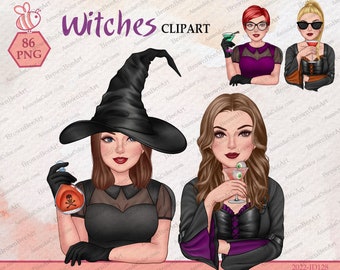 Witch Sisters Clipart: Halloween Costumes Illustration (Digital Download)