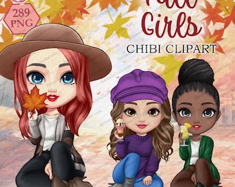Fall Girls Chibi Clipart, Autumn Besties, Fashion Illustration (289 PNG)