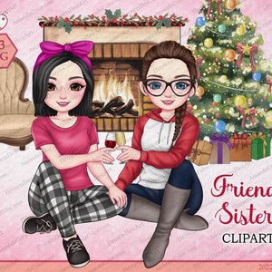 Best friends and Sisters Clipart, Bestie clipart, Sisters png, Soul sisters, Personalized Clipart, Sitting clipart, Cocktail Drinks