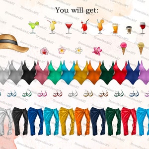 May include: A digital illustration of a variety of summer-themed items, including a straw hat, swimsuits in various colors, sandals, sarongs, and drinks. The text "You will get:" is at the top of the image.