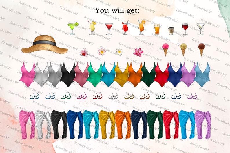 May include: A digital illustration of a variety of summer-themed items, including a straw hat, swimsuits in various colors, sandals, sarongs, and drinks. The text "You will get:" is at the top of the image.