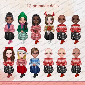 May include: Twelve digital illustrations of premade Christmas dolls. The dolls are sitting down with their legs crossed. They are wearing various Christmas-themed outfits, including sweaters, hats, and scarves. The dolls have different skin tones and hair colors.