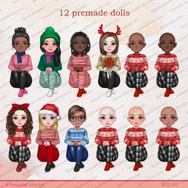 May include: Twelve digital illustrations of premade Christmas dolls. The dolls are sitting down with their legs crossed. They are wearing various Christmas-themed outfits, including sweaters, hats, and scarves. The dolls have different skin tones and hair colors.