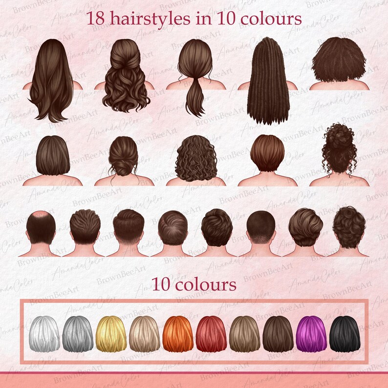 May include: A digital illustration of 18 different hairstyles in 10 colors. The hairstyles are shown from the back and are all on a light pink background. The text "18 hairstyles in 10 colors" is at the top of the image. The text "10 colors" is at the bottom of the image.