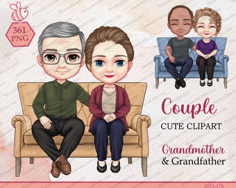 Grandparents Chibi Clipart: Old Couple PNG (Digital Download)