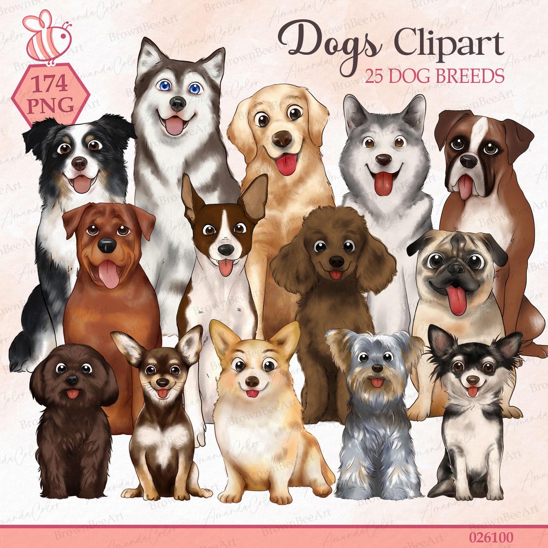 Watercolor Dog Clipart: 25 Breeds, Puppy Clipart Bundle, Pet, Puppies ...