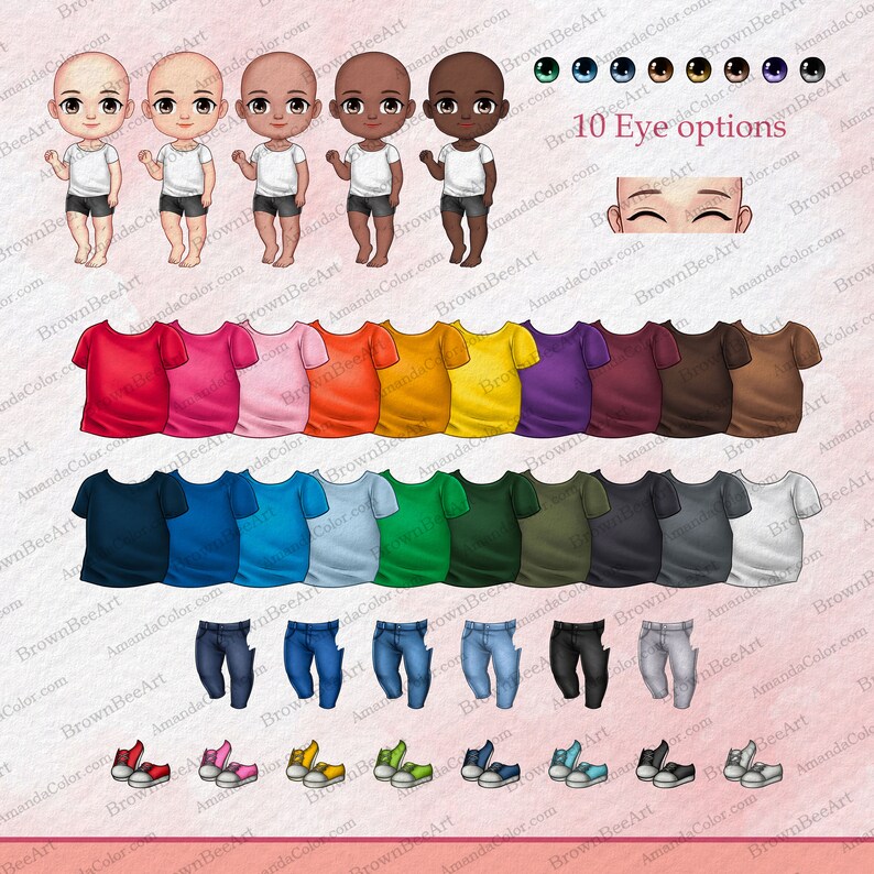 May include: A digital illustration of a cartoon character with 10 different eye color options, 14 different shirt colors, 7 different pants colors, and 10 different shoe colors. The character is a boy with short brown hair and a white t-shirt. The image includes the text "10 Eye options".