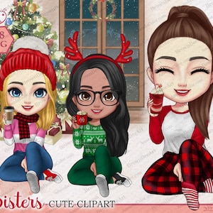 Cute clipart, Sisters clipart, Hotchocolate clipart, Merry Christmas, Winter, Best friends clipart, Besties clipart, Pajamas clipart