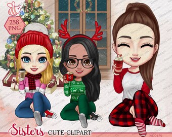 Sisters Christmas Clipart: Hot Chocolate, Pajamas (258 PNG)