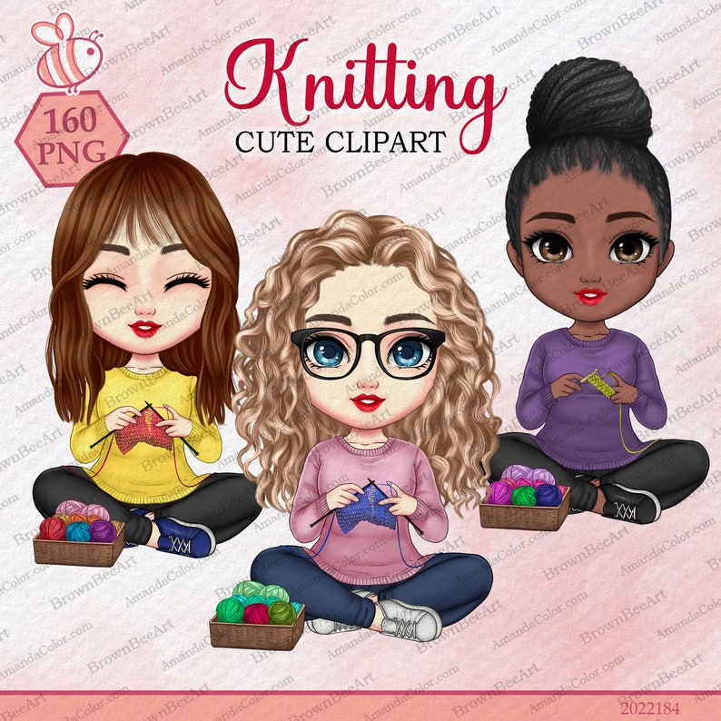 Clipart de chicas tejiendo: PNG de crochet y costura (descarga digital) imagen 1