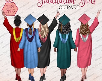 May include: Illustration of five graduates in colorful gowns and caps, celebrating their achievement. The image features the text "Graduation Girls CLIPART" and a bee logo with "218 PNG". The graduates are viewed from the back, with arms raised.