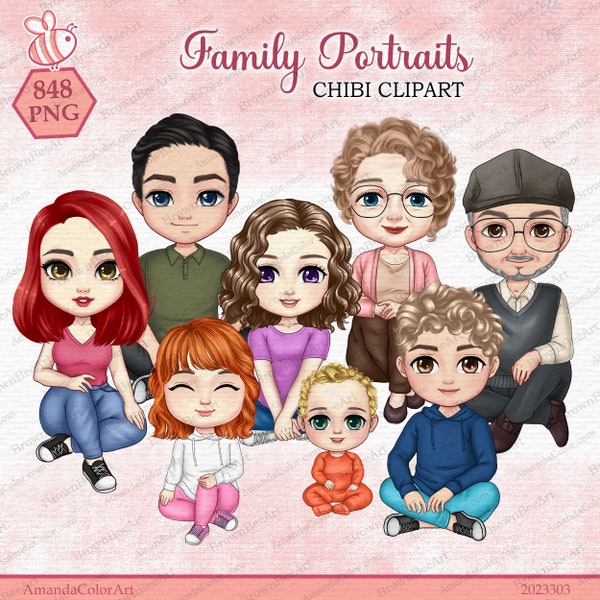 Family Chibi Portraits Clipart, Family sitting clipart, Grandfather, Grandmother, Mother, Father, Children, Teen clipart, Lovely family