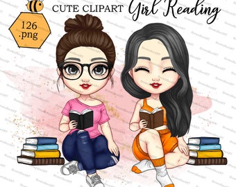 Girl Reading Clipart, Bookworm PNG Graphics (Digital Download)
