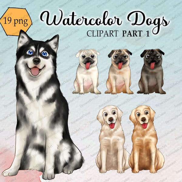 Watercolor Dogs Clipart Part 1, sitting front Dog, Dog breeds clipart, Husky, Pug, Golden retriever, Pet lovers Clipart. Puppy ClipArt