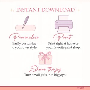 Puede incluir: Gr&aacute;fico rosa claro con las palabras "DESCARGA INSTANT&Aacute;NEA" en la parte superior. La imagen incluye ilustraciones de un bol&iacute;grafo, una impresora y una caja de regalo, con las palabras "Personalizar", "Imprimir" y "Comparte la alegr&iacute;a".