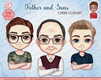 Clipart Chibi de padre e hijos: papá, abuelo y amigo (PNG)