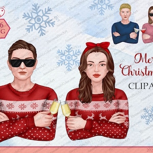 May include: Three digital illustrations of people wearing red and white Christmas sweaters. The people are a man with sunglasses, a woman with a red headband, and a woman with sunglasses. The illustrations are set against a blue and white snowflake background. The text "Merry Christmas CLIPART" is at the bottom of the image.
