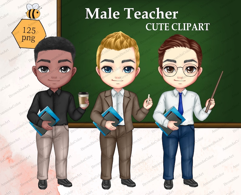 Puede incluir: Tres ilustraciones de dibujos animados de profesores, cada uno con un tono de piel y un peinado diferentes. Los profesores sostienen libros y un puntero. El fondo es una pizarra verde con el texto "Male Teacher CUTE CLIPART".
