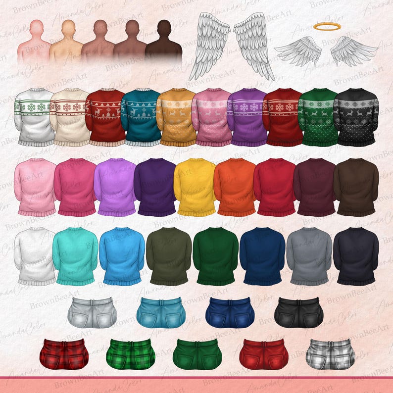 May include: A set of 20 different colored sweaters, 20 different colored long-sleeved shirts, 10 different colored shorts, and 5 different colored skirts. The sweaters and shirts are all in a Christmas-themed pattern. The shorts and skirts are all in a variety of patterns.