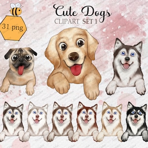 Cute Dogs clipart Set 1, Dogs PNG, Pug, Goldeb retriver, Husky, pet digital, Best friends, Personalized Illustration