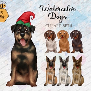Watercolor Dogs Clipart Set 4, sitting front Dog, Dog breeds clipart, Dachshunds, German shepherd Dogs, Rottweilers, Pet clipart