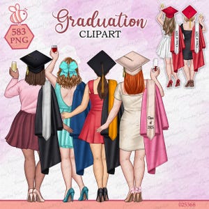 Portrait de remise des diplômes personnalisé, clipart âme soeur, clipart étudiants, clipart félicitations, clipart écolières, clipart vue arrière