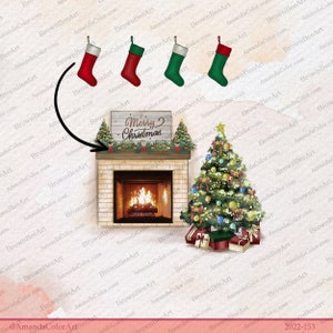 May include: A fireplace mantel decorated for Christmas with a sign that reads "Merry Christmas", a green Christmas tree with ornaments and presents, and red and green stockings hanging above the fireplace.