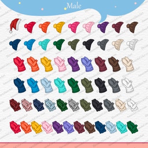 Op de afbeelding: Een digitale illustratie van een verscheidenheid aan winterkledingopties voor een persoon. De afbeelding bevat een selectie van hoeden, truien en shirts in verschillende kleuren en patronen. Het woord "Male" staat in de linkerbovenhoek van de afbeelding.