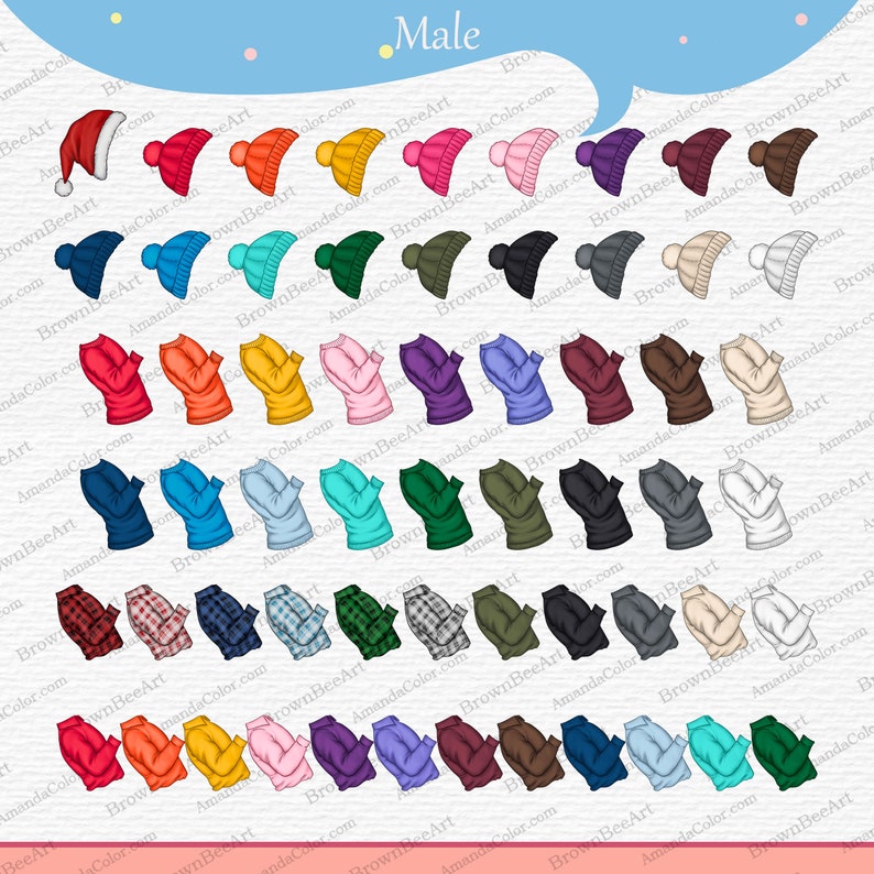 Op de afbeelding: Een digitale illustratie van een verscheidenheid aan winterkledingopties voor een persoon. De afbeelding bevat een selectie van hoeden, truien en shirts in verschillende kleuren en patronen. Het woord "Male" staat in de linkerbovenhoek van de afbeelding.