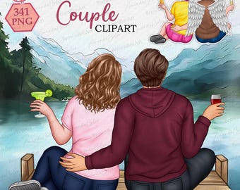 May include: A couple sitting on a wooden jetty overlooking a lake. The woman is wearing a pink shirt and blue jeans and holding a margarita. The man is wearing a maroon sweater and blue jeans and holding a glass of red wine. The couple are looking out at the lake.