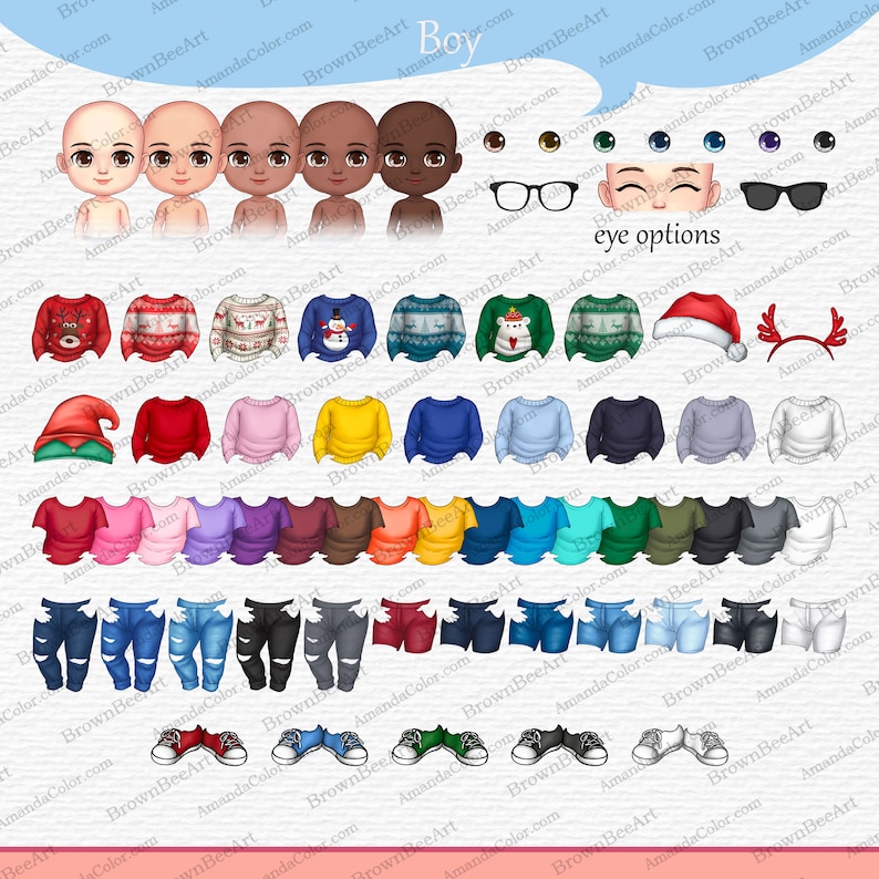 Op de afbeelding: Een digitale illustratie van een jongenskarakter met verschillende huidtinten, kleding en accessoires. De illustratie bevat opties voor truien, broeken, schoenen en hoeden. De tekst "eye options" is in de afbeelding opgenomen.