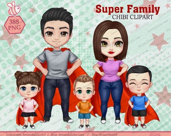 Super Family Chibi Clipart: Hero PNG Graphics (Digital Download)