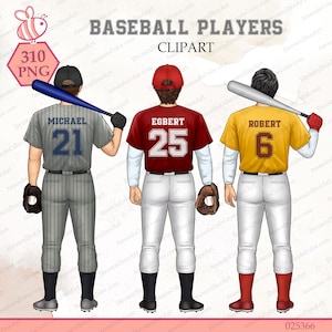 May include: Illustration of three baseball players from the back, each wearing a uniform with a different number. The text "BASEBALL PLAYERS CLIPART" is at the top. The first player is wearing a gray uniform with the name "MICHAEL" and the number "21".