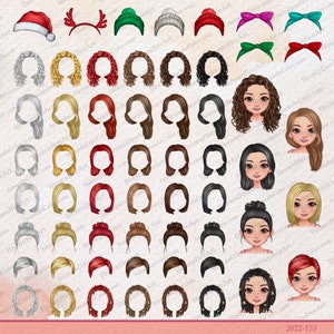 May include: A set of 48 digital illustrations featuring various hairstyles, hats, and headbands. The illustrations are in a cartoon style and are perfect for creating avatars or characters.