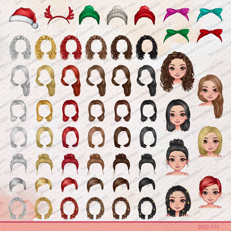 May include: A set of 48 digital illustrations featuring various hairstyles, hats, and headbands. The illustrations are in a cartoon style and are perfect for creating avatars or characters.