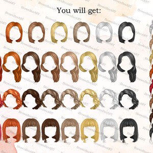 May include: A set of 40 digital illustrations of different hairstyles for women. The hairstyles are drawn in a cartoon style and include various colors, lengths, and styles.