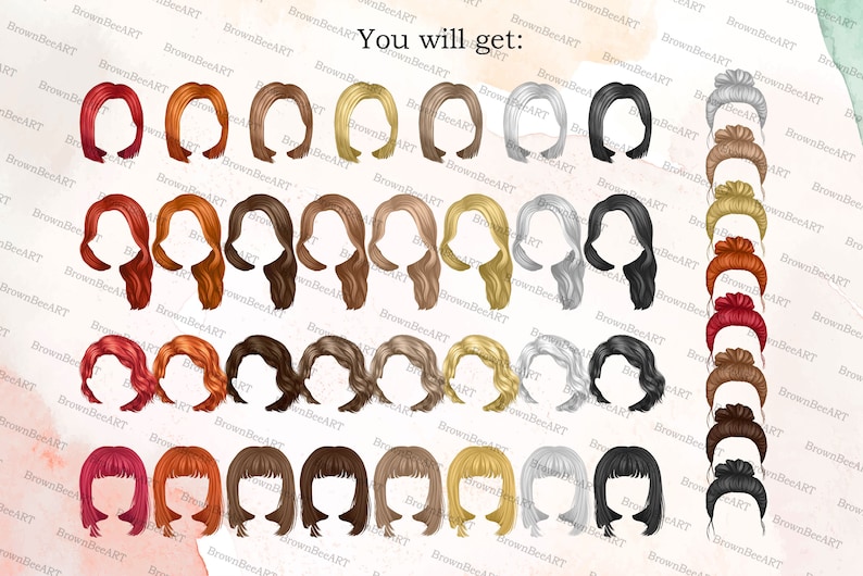 May include: A set of 40 digital illustrations of different hairstyles for women. The hairstyles are drawn in a cartoon style and include various colors, lengths, and styles.