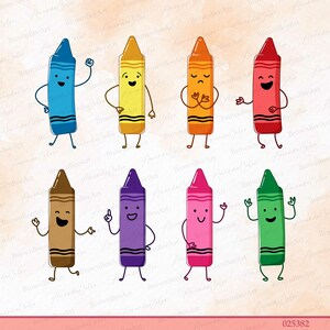 Puede incluir: Una colecci&oacute;n de ocho crayones de dibujos animados coloridos con caras sonrientes, brazos y piernas. Cada cray&oacute;n es de un color diferente, incluyendo azul, amarillo, naranja, rojo, marr&oacute;n, morado, rosa y verde. Los crayones est&aacute;n de pie y saludando.