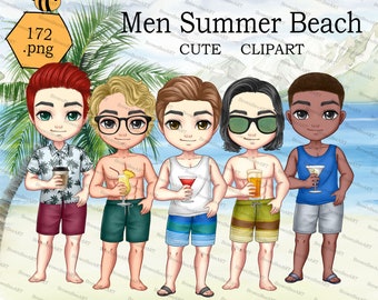 CUTE clipart: Men Summer Beach clipart, Summer clipart, Friend clipart, Chibi clipart, Summer boy png, Beach Tropical