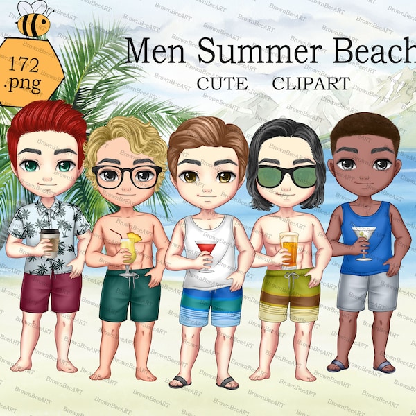 CUTE clipart: Men Summer Beach clipart, Summer clipart, Friend clipart, Chibi clipart, Summer boy png, Beach Tropical