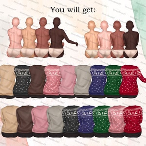 May include: A digital illustration of seven different Christmas sweaters with a reindeer and snowflake pattern. The sweaters are in various colors, including beige, brown, pink, blue, green, and red.