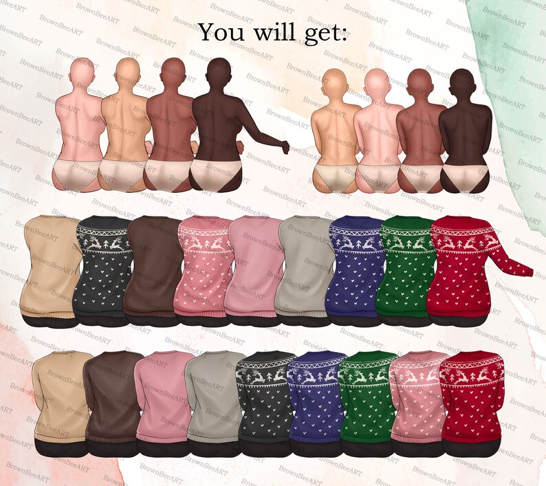 May include: A digital illustration of seven different Christmas sweaters with a reindeer and snowflake pattern. The sweaters are in various colors, including beige, brown, pink, blue, green, and red.