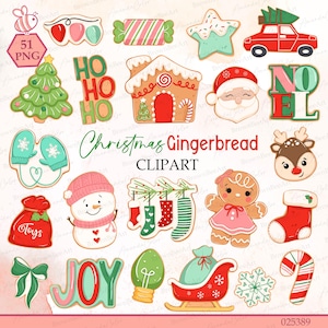 May include: A collection of Christmas-themed clipart illustrations. The image features various festive elements, including a gingerbread house, Santa Claus, a snowman, a reindeer, and a Christmas tree. The color palette includes red, green, and white. Text on the image reads "Christmas Gingerbread CLIPART".