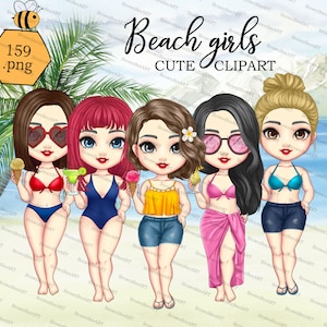 CUTE clipart: Beach girl clipart, Summer clipart, Friend clipart, Chibi clipart, Summer Girls png, Beach Tropical, Sisters png