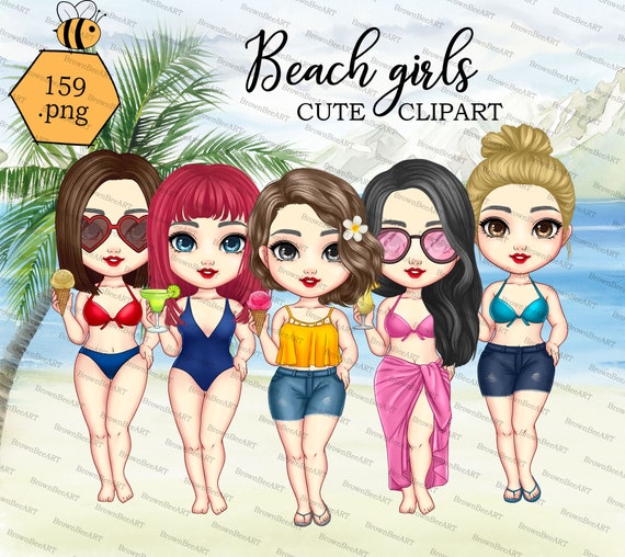 CUTE clipart: Beach girl clipart, Summer clipart, Friend clipart, Chibi clipart, Summer Girls png, Beach Tropical, Sisters png