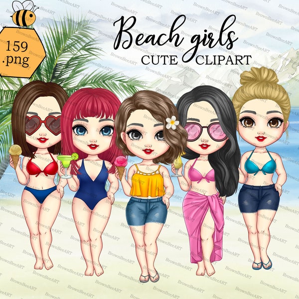 CUTE clipart: Beach girl clipart, Summer clipart, Friend clipart, Chibi clipart, Summer Girls png, Beach Tropical, Sisters png