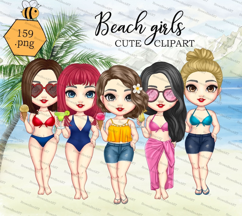 May include: Four cartoon girls wearing different swimsuits and accessories. They are standing on a beach with palm trees and mountains in the background. The text "Beach girls CUTE CLIPART" is at the top of the image.