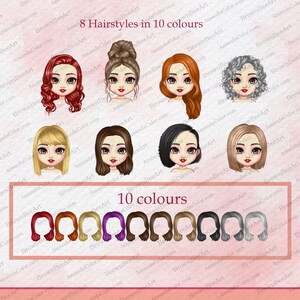 May include: Illustration of eight different hairstyles in ten colors. The hairstyles are shown on cartoon faces with different hair colors, including red, blonde, brown, black, and gray. The text "8 Hairstyles in 10 colours" is at the top of the image. The text "10 colours" is at the bottom of the image.