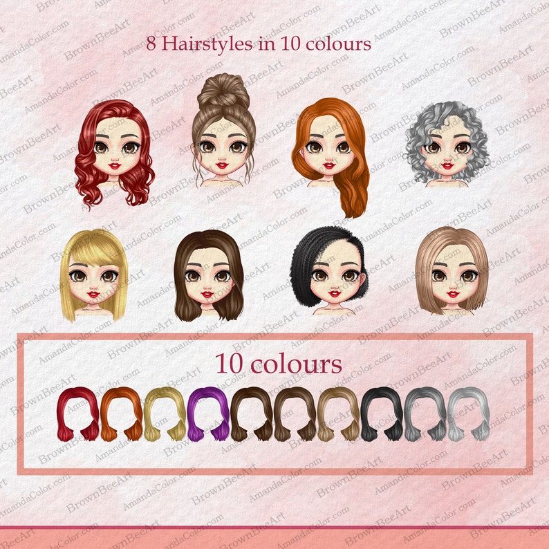 May include: Illustration of eight different hairstyles in ten colors. The hairstyles are shown on cartoon faces with different hair colors, including red, blonde, brown, black, and gray. The text "8 Hairstyles in 10 colours" is at the top of the image. The text "10 colours" is at the bottom of the image.